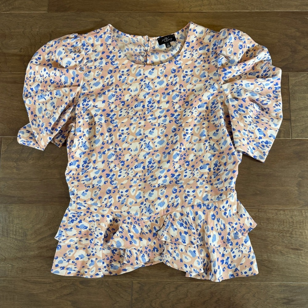 Milk & Honey Abstract Animal Print Puff Sleeve Peplum Blouse Blue Peach Medium